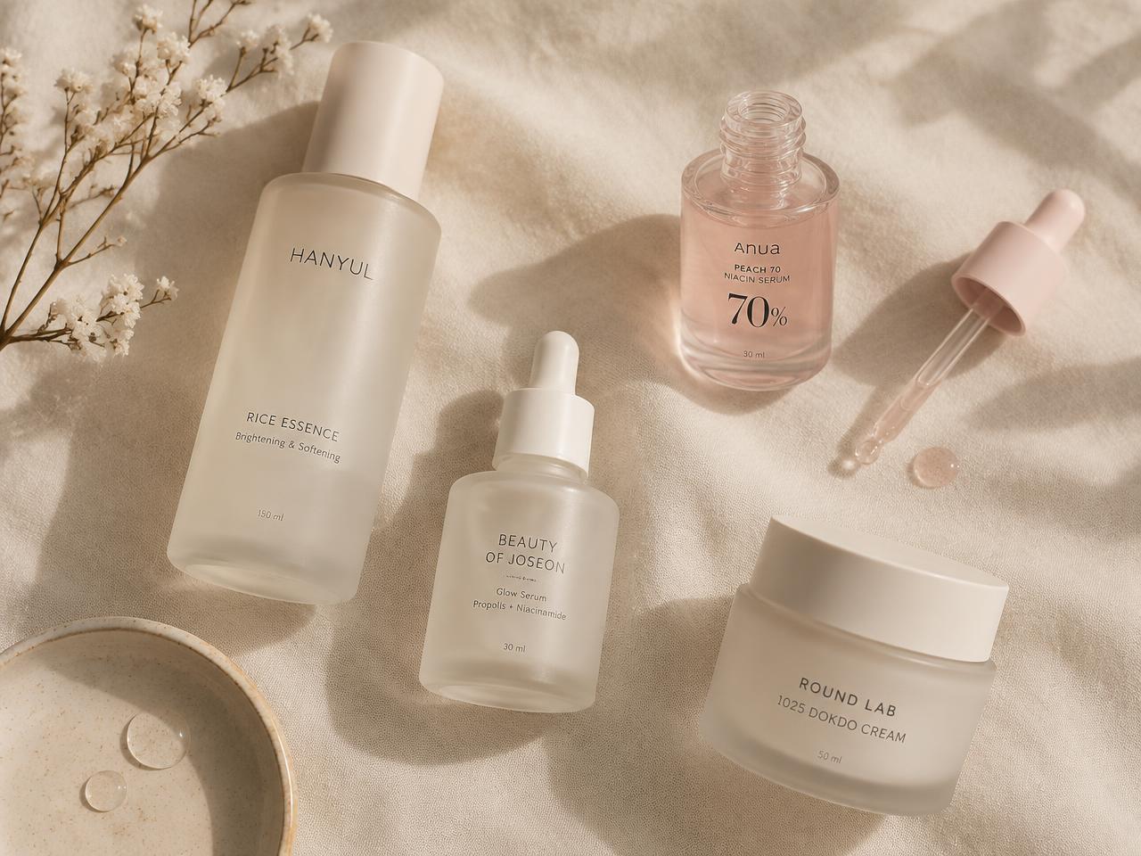 Korean skincare products arranged on linen